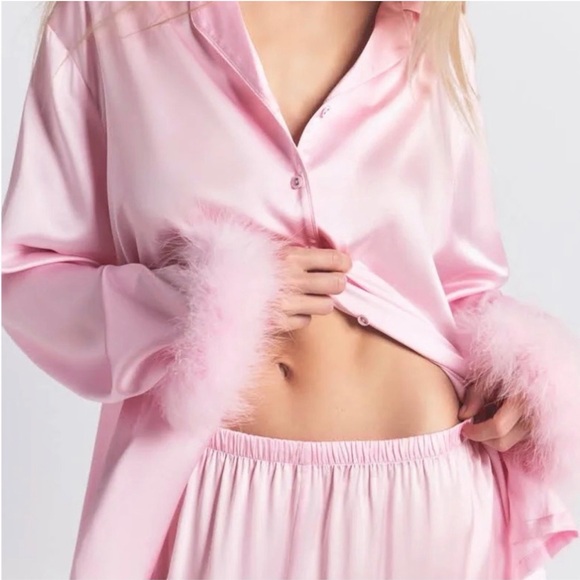 SKIMS Pink Satin Feather Trim Pajama Set | Size Small - Picture 2 of 10